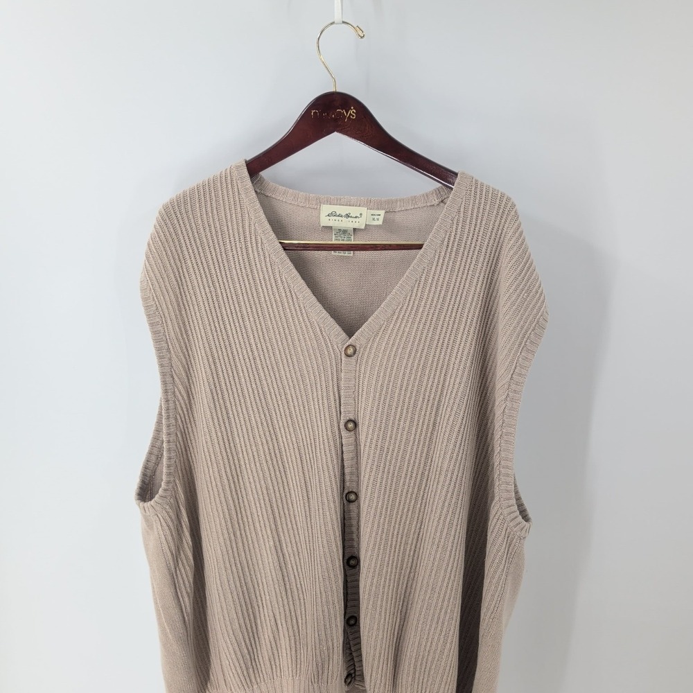 Vintage Eddie Bauer Ribbed Knit Linen Cotton V-neck Sweater Vest‎ Beige Size XL